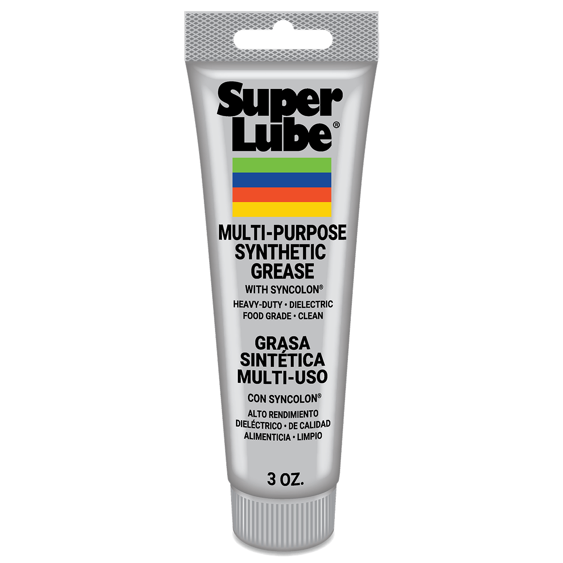 A 3 oz tube of Super Lube Multi-Purpose Synthetic Grease with a white squeeze body, black text, and a small multicolor logo block, shown against a solid black background.