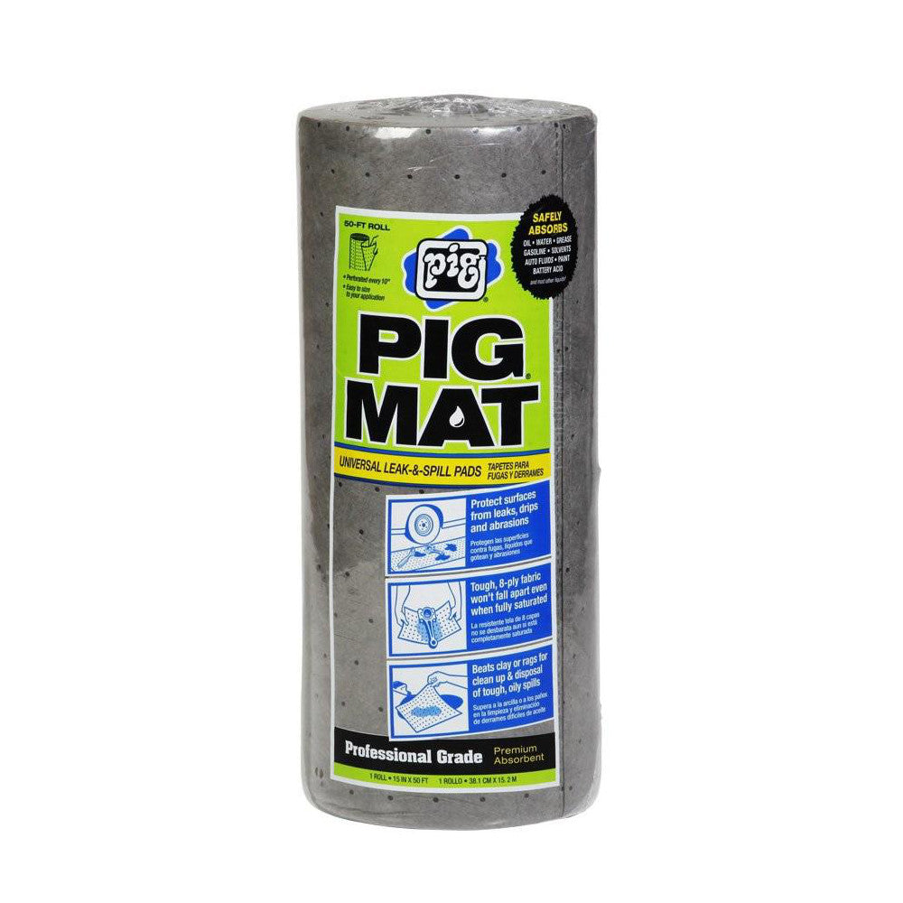 New Pig universal medium-weight gray sorbent mat roll 15 inch by 50 foot for oil and fluid spill cleanup