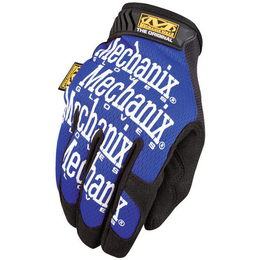 Mechanix Wear The Original blue and black full finger mechanic work gloves with synthetic leather palms and adjustable wrist closure